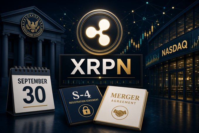 A digital graphic for 'XRPN' showing a calendar set to September 30, an 'S-4 Registration Statement' book, a 'Merger Agreement' book, the SEC building, and the NASDAQ building.