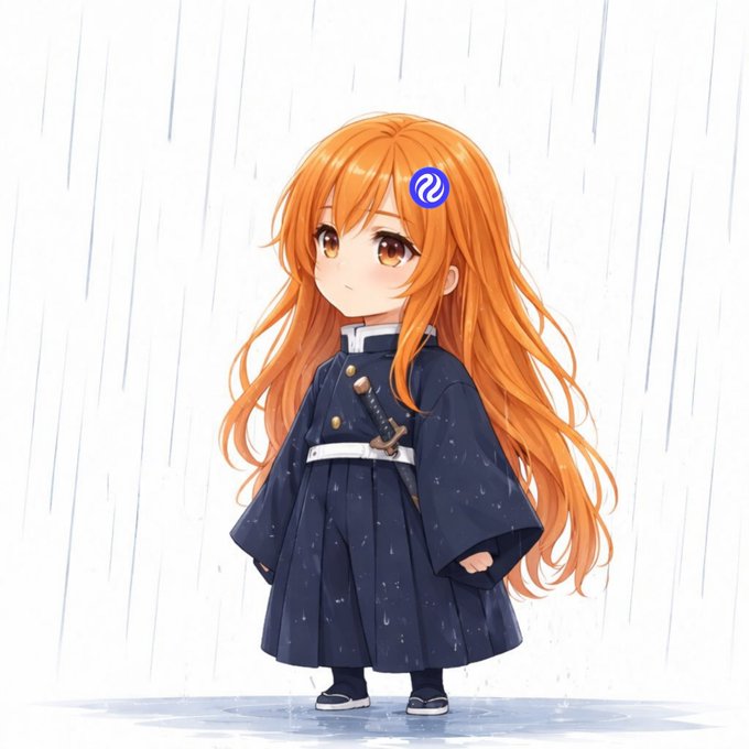 An anime-style illustration features a chibi character with long orange hair and a sword, wearing a dark uniform and standing in the rain.