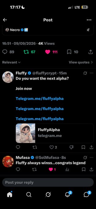 A mobile screenshot of a social media post by user 'Necro' showing replies, including one from 'Fluffy' (@fluffyccrypt) promoting a Telegram channel called 'FluffyAlpha'.