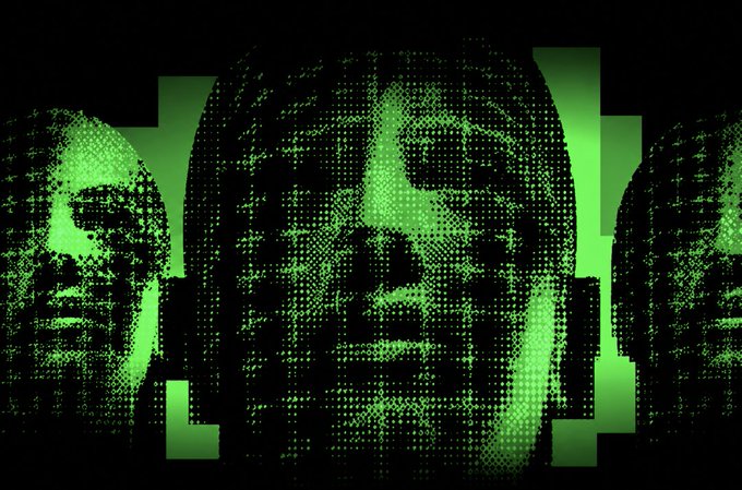 A stylized, pixelated green and black digital art image featuring three faces made of dot-matrix style text, resembling an AI or cyberpunk aesthetic.