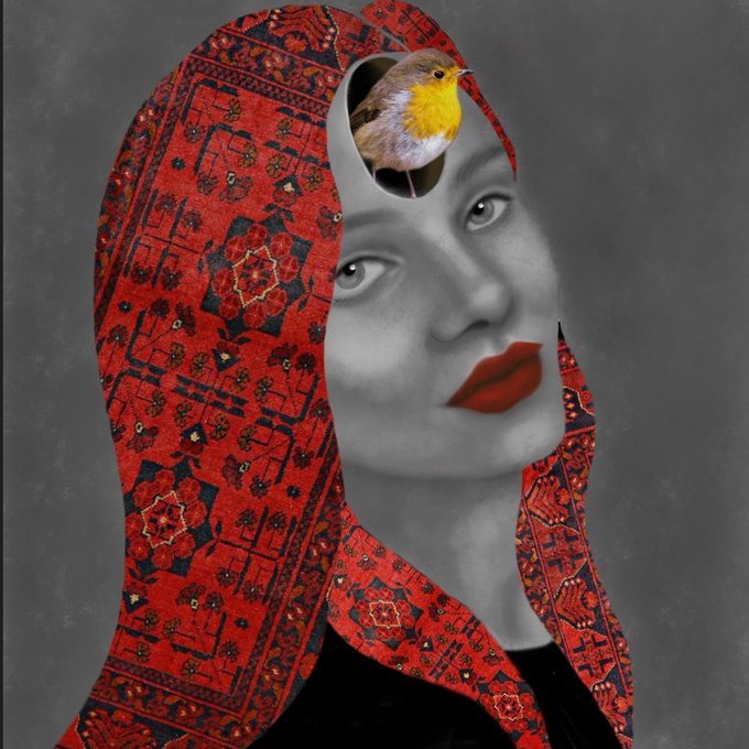 A surreal digital artwork featuring a grayscale portrait of a woman with red lipstick and a red patterned headscarf, with a small yellow-breasted bird perched inside her open mind.