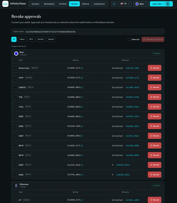 An InfinityName 'Revoke approvals' dashboard showing 32 token approvals on the Base network, including entries for NormieListy, YAYP, COOKIE, THQ, toby, USDC, USDT, and METH with various spenders and unlimited allowances.