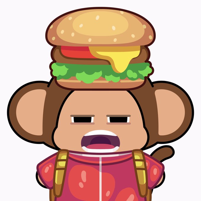 A cartoon illustration of a monkey character wearing a red hoodie with a disappointed expression, balancing a large cheeseburger on top of its head.
