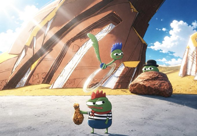 The image depicts a whimsical scene with green frog-like cartoon characters, one holding a glowing hoop and another carrying a bag of money, while a third peeks from behind a rock wearing a top hat. The accompanying post about making money and being "on the printing side" ties to the visual of the frog clutching a bag of cash, suggesting a lighthearted metaphor for profiting in the market.