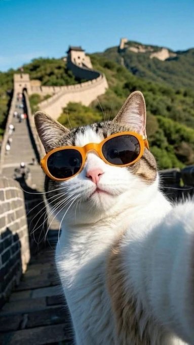 A white and tabby cat wearing orange-tinted sunglasses in the foreground with the Great Wall of China and its watchtowers visible on green hills behind it.