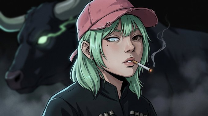 A stylized anime-style character with green hair and a pink cap smokes a cigarette while a glowing-eyed black bull looms in the smoky background, visually echoing the post's "big black bull" reference to a bullish market run. The character's relaxed, unbothered demeanor reinforces the post's "sit back and chill" message about waiting for the main narrative of the crypto cycle to play out.