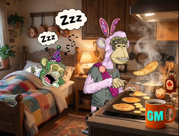 In a cozy kitchen, a purple ape wearing bunny ears flips banana pancakes while a smaller green ape sleeps in a nearby bed with a party hat and "Zzz" speech bubbles, with an orange mug labeled "GM" in the foreground tying into the post's playful "Orange or Aqua Marine" color challenge for Sunday Funday.