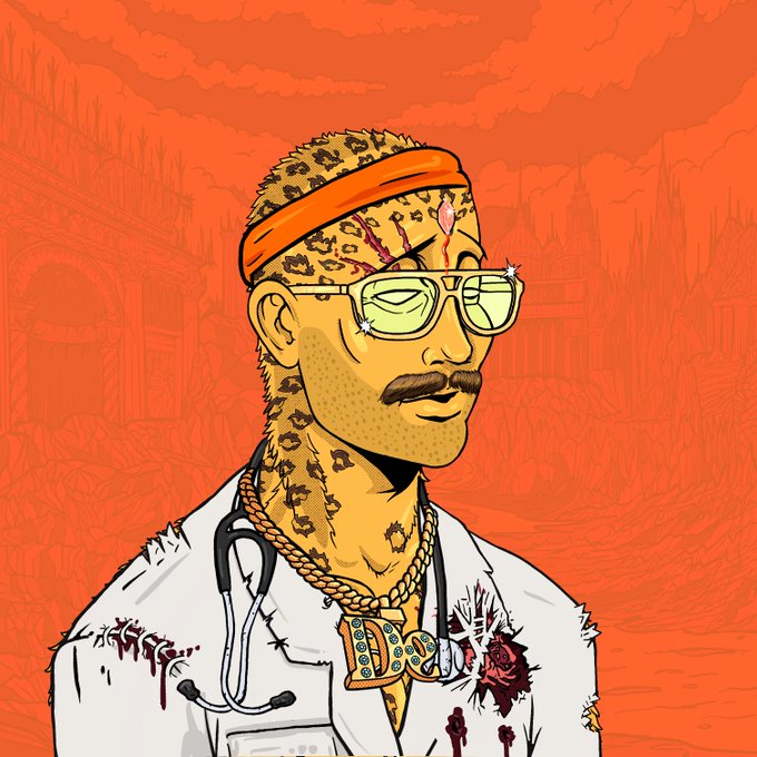 A stylized illustration of a figure with leopard-print skin, an orange headband, reflective sunglasses, and a stethoscope, adorned with gold chains and a bloody rose, set against a vibrant orange backdrop featuring ghostly architectural silhouettes. The artwork channels the bold, irreverent aesthetic of the DeGods NFT collection.