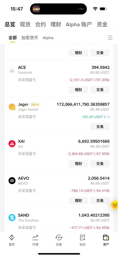 Cryptocurrency trading app interface displaying an overview of holdings including ACE (Fusionist), Jager (Jager Hunter), XAI, AEVO, and SAND (The Sandbox), all showing significant unrealized losses ranging from -92.45% to -97.95%.