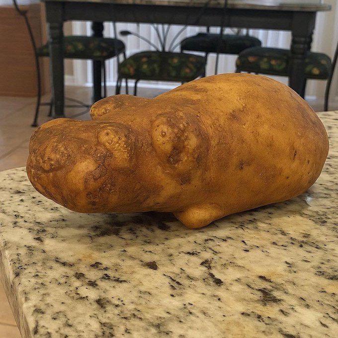 A large, oddly-shaped potato with multiple protrusions and eye-like spots resting on a granite countertop in a kitchen with chairs and table in the background.
