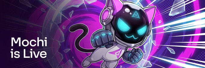 The image features a futuristic robotic cat character with glowing blue eyes and headphones, set against a vibrant purple and pink swirling background with dynamic speed lines, accompanied by the text "Mochi is Live." This aligns with the post announcing the launch of Mochi, the mascot of GenLayer, as the author shares their experience struggling to accurately explain the project's decentralized validator consensus mechanism.