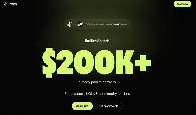 A Limitless website screenshot displaying 'Limitless Friends $200K+ already paid to partners' for an official prediction market of Natus Vincere.