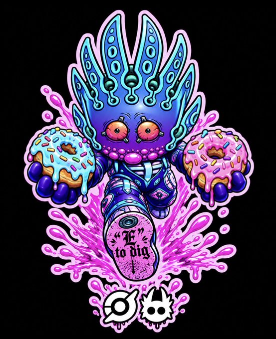 A vibrant, psychedelic illustration of a multi-armed alien creature holding donuts, with pink liquid splashes and the phrase 'E to dig' tattooed on its foot, alongside small mascot icons at the bottom.
