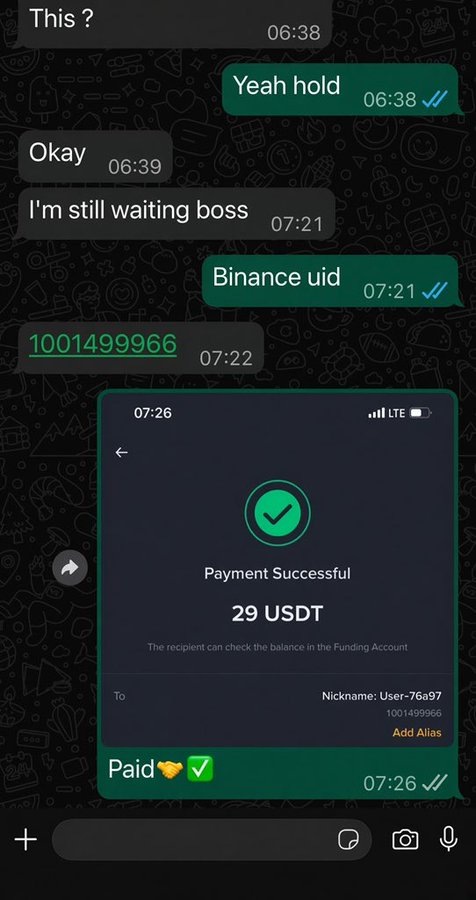 A WhatsApp chat shows a payment confirmation of 29 USDT sent to Binance UID 1001499966, with messages including 'Yeah hold', 'I'm still waiting boss', and 'Paid' with a green checkmark.