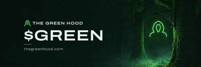 A promotional banner for "$GREEN — THE GREEN HOOD" meme-coin index on Robinhood Chain, featuring the project's name, website (thegreenhood.com), and a glowing green hooded figure icon set against a dark, misty forest backdrop. The eerie woodland imagery visually reinforces the "Green Hood" branding, aligning with the post's description of the token's profit-distribution model for holders.