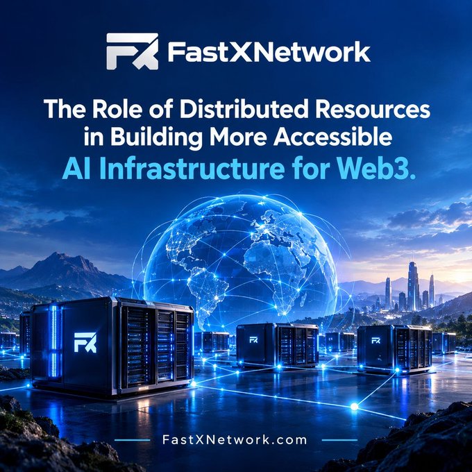 A promotional graphic for 'FastXNetwork' featuring server racks and a glowing globe, with the headline 'The Role of Distributed Resources in Building More Accessible AI Infrastructure for Web3.'