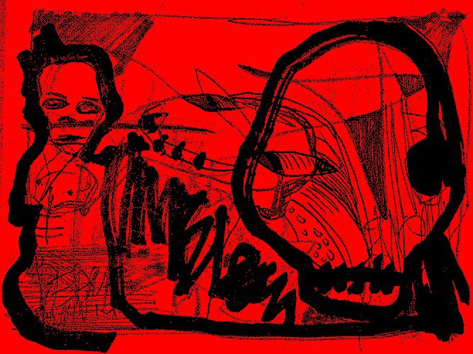 A rough, high-contrast digital sketch in red and black shows a stylized character alongside a large, menacing face wearing headphones with the text '6 lea' scrawled across the center.