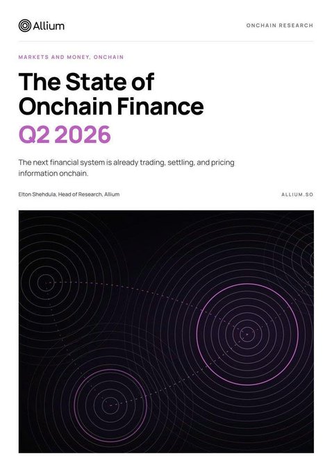 The cover of an Allium 'Onchain Research' report titled 'The State of Onchain Finance Q2 2026' by Elton Shehndula, with the tagline 'The next financial system is already trading, settling, and pricing information onchain.'