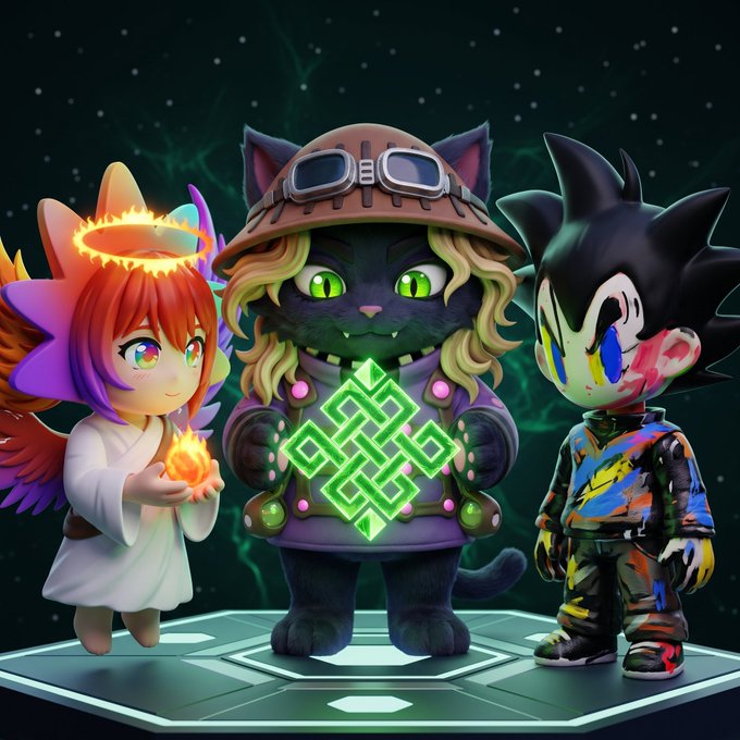 Three stylized chibi/anime characters stand together: a winged angel with a halo holding fire, a black cat wearing a bucket hat and goggles with a glowing green symbol, and a boy with spiky hair in a multicolored outfit.