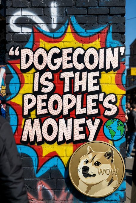 A graffiti mural on a brick wall with comic-book style lettering reading "'DOGECOIN' IS THE PEOPLE'S MONEY", accompanied by a physical Dogecoin coin featuring the Shiba Inu dog and the word 'WOW' placed against the wall.