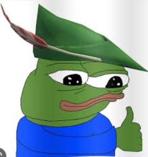 The image features a sad Pepe the Frog wearing a green Robin Hood-style hat with a feather and giving a thumbs up, which complements the post's message about those who profited from Robinhood's blockchain launch being millionaires from small bets, while others (represented by the dejected-looking Pepe) are left simply wishing everyone a good week.