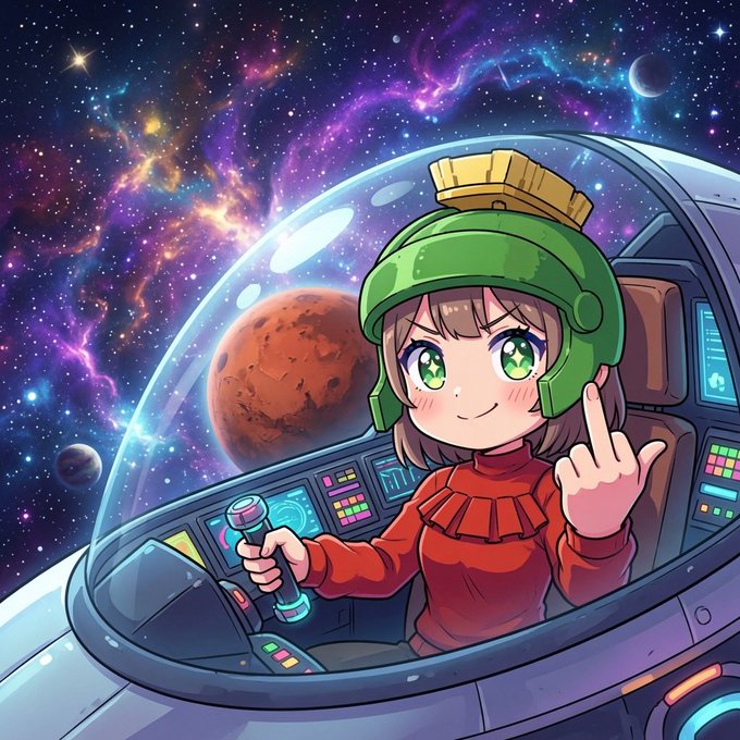 A chibi anime astronaut girl with green eyes and a green helmet gives a peace sign from inside a colorful spaceship cockpit, set against a vibrant galaxy backdrop featuring a Mars-like planet and swirling nebulas, whimsically visualizing the "launch" and "airdrop" of a memecoin into the crypto space.