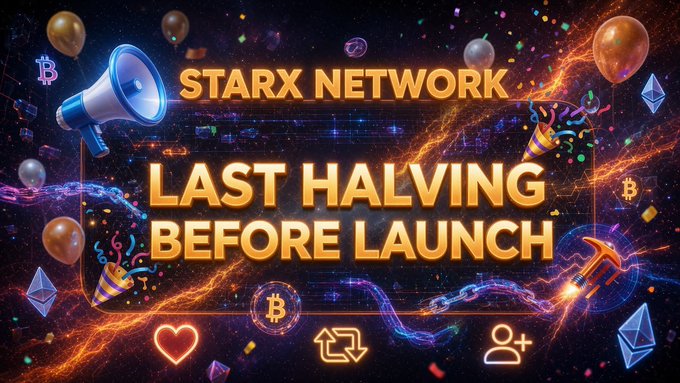 A vibrant promotional banner for StarX Network features the headline "STARX NETWORK: LAST HALVING BEFORE LAUNCH" alongside megaphone, party popper, and cryptocurrency symbols, visually emphasizing the urgency of the post's message about the final halving event on August 19, 2026, which will cut the mining rate to 0.0391 STRX/session—an 88% reduction from the original 0.4167 STRX—before the official launch.