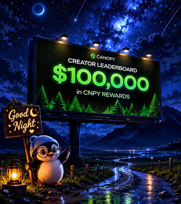 A nighttime digital billboard displays 'CANOPY CREATOR LEADERBOARD $100,000 in CNPY REWARDS' with a cute penguin character in a sleeping hat holding a 'Good Night' sign beside a lantern.