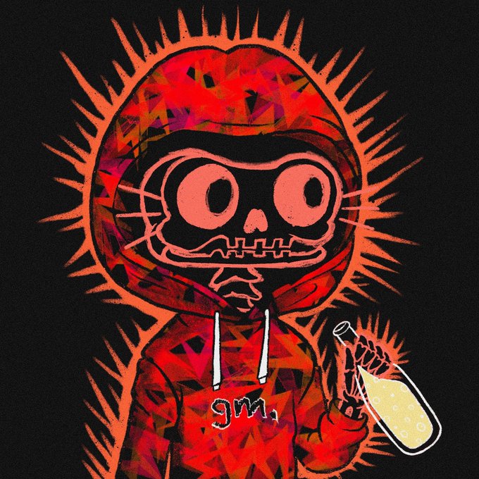 A stylized red and orange illustration of a skeleton figure wearing a hoodie with 'GM' written on it, holding a glowing yellow bottle, surrounded by a sun-like spiky halo against a black background.