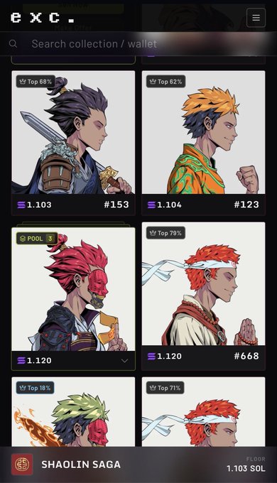 A mobile app interface for 'SHAOLIN SAGA' NFT collection shows various character cards priced in SOL (1.103 to 1.120) with different rarity percentages (Top 18%, 71%, 78%, 82%, 68%) at a floor price of 1.103 SOL.