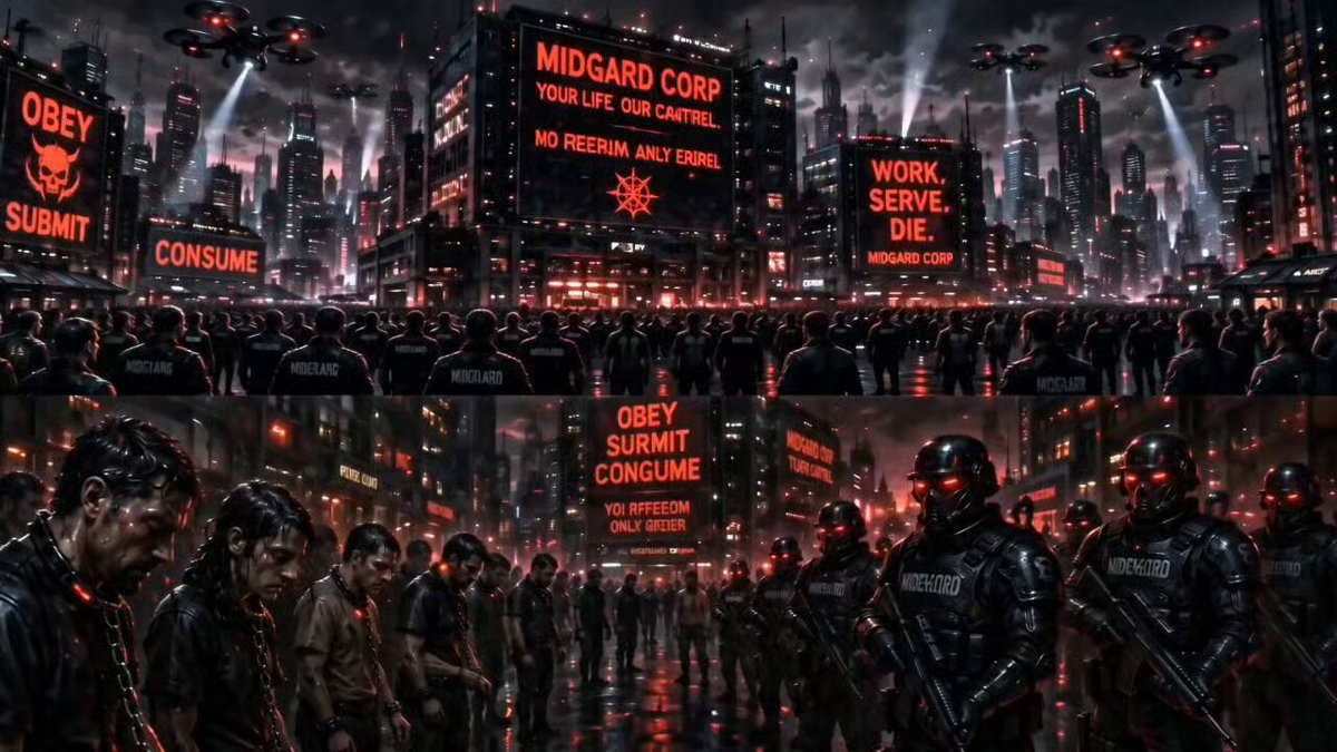 The image shows a city scene with a group of people standing around, possibly protesters or soldiers. The background features buildings and signs that read "Midgard Corp. You lie! Your castel must be destroyed. No more work, no more seizes. Work, seizes, die." This suggests that the city is experiencing some form of conflict or protest, with the message being displayed on multiple locations throughout the scene. The image also includes a caption that reads "Focus on what is in the image and how it relates to the post".