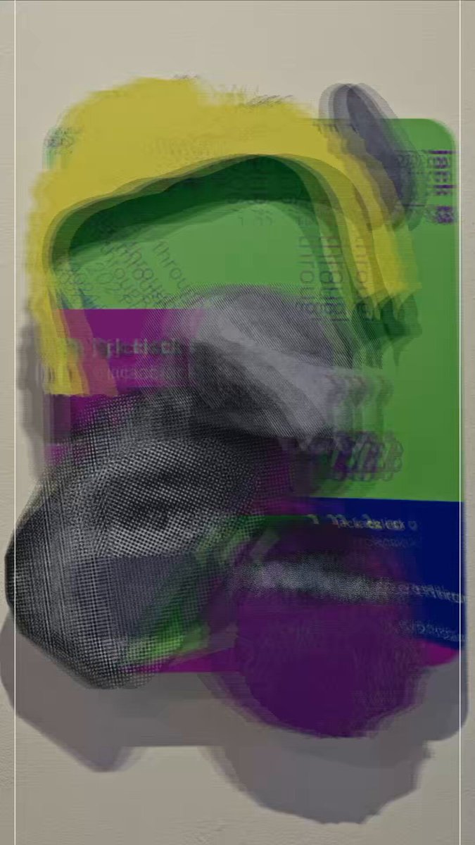The image features a painting that has been photoshopped, giving it a surreal appearance. The painting depicts an abstract scene with various colors and shapes, including shades of yellow, green, blue, purple, gray, black, white, and pink. The artist's signature is visible in the bottom right corner of the painting. The image also includes text that reads "So proud to be part of this exhibition with some of the most amazing artists in the space".