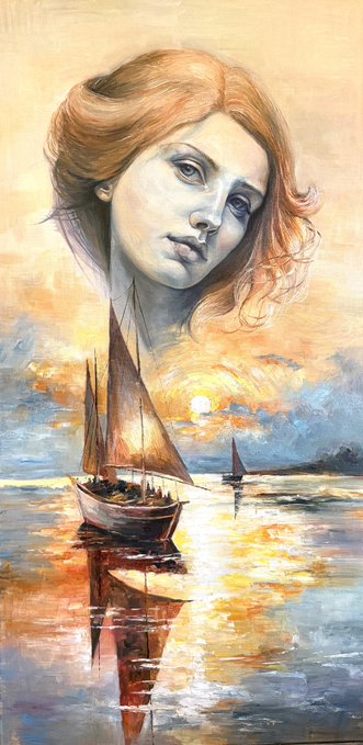 An oil painting style artwork of a woman's face merging into a sailboat on water at sunset, with her hair and the sails blending together.