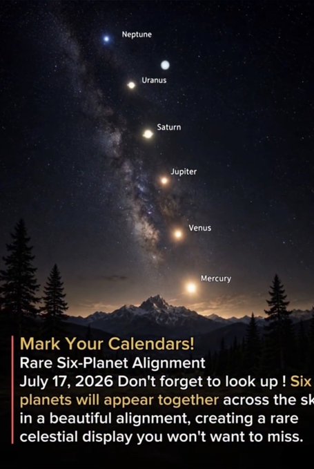A dramatic night sky image showing six planets—Neptune, Uranus, Saturn, Jupiter, Venus, and Mercury—aligned diagonally above a mountain range with trees, accompanied by text announcing a "Rare Six-Planet Alignment" on July 17, 2026.

The image ties to the post by illustrating the celestial event billionaires supposedly pay attention to—a rare planetary alignment—humorously suggesting that astronomical phenomena like this are what draw the interest of the ultra-wealthy, beyond conventional wisdom.