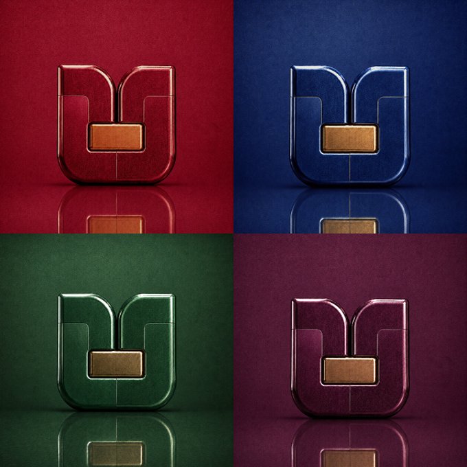A 2x2 grid showcases a metallic, rounded square emblem with a gold center plate against four different colored, reflective backgrounds: red, blue, green, and purple.