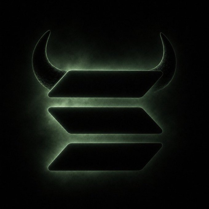 A dark, stylized logo featuring two upward-curving horns positioned above three stacked, slanted horizontal bars, surrounded by a glowing green mist.