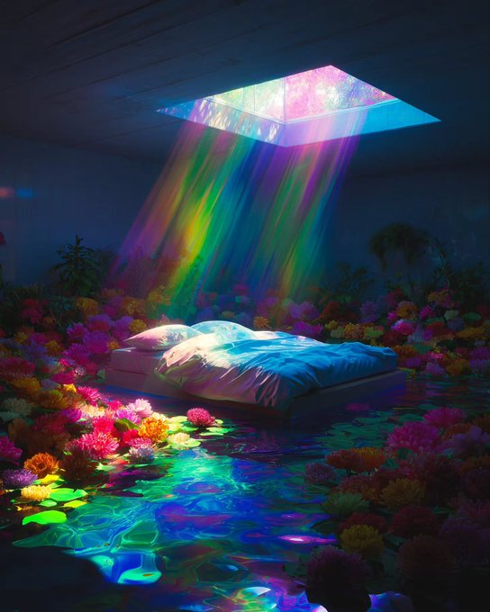 A surreal digital artwork depicts a bed surrounded by colorful flowers under a rainbow light beam shining through a square skylight.