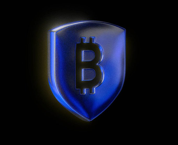 A glossy blue shield featuring the Bitcoin "₿" symbol is displayed against a black background, visually representing the quantum-resistant security protection BitGo has introduced for institutional Bitcoin wallets. The shield imagery directly reinforces the news about enhanced safeguards against quantum threats, symbolizing fortified defense for crypto holdings.