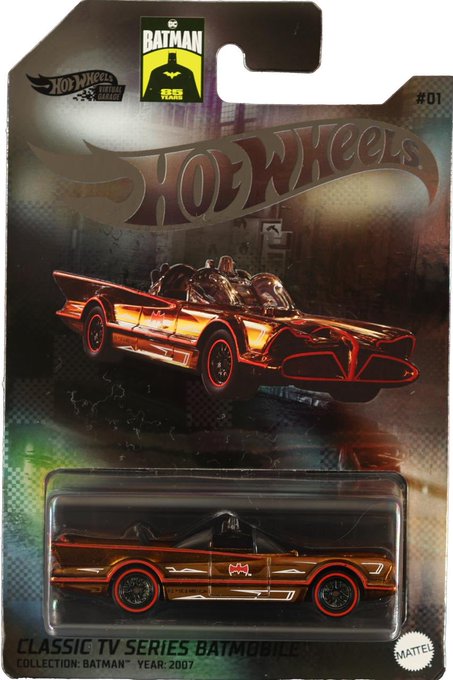 A Hot Wheels die-cast toy car in its original packaging, featuring the 'Classic TV Series Batmobile' from the 2007 Batman collection, marked as #01.