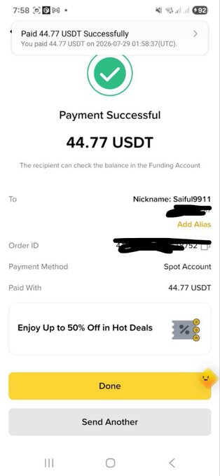 A mobile payment confirmation screenshot showing 'Payment Successful' for 44.77 USDT sent to nickname 'Saiful9911' via Spot Account, with the order ID partially redacted.