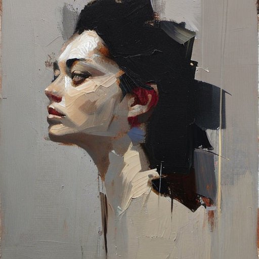An oil painting portrait of a woman with dark hair in profile view, featuring expressive brushstrokes and drips against a muted gray background.