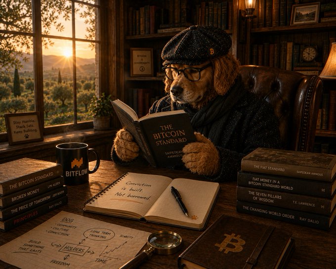 The image features a teddy bear sitting at a desk, reading a book titled "The Bitcoin Standard" by someone named Brian. The teddy bear appears to be wearing glasses and a hat, giving it an intellectual appearance. In addition to the teddy bear, there are several books on the desk, suggesting that this is a workspace or study area for learning about Bitcoin and other topics.