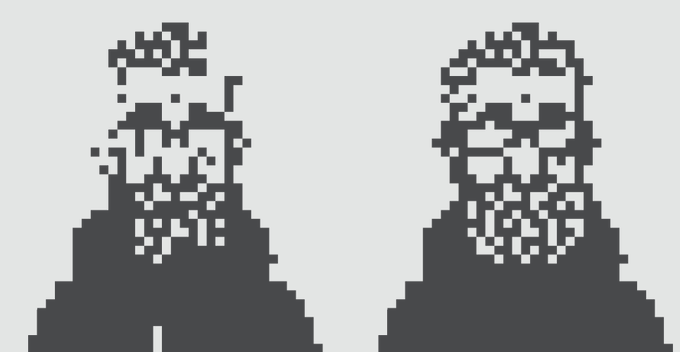 A side-by-side pixelated comparison showing a before-and-after of a "Normies" character wearing a hoodie, with the right version appearing more detailed and refined than the left, illustrating the improvement gained by stacking Action Points (APs) on the NFT artwork.