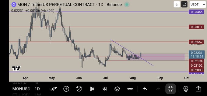 A TradingView 1D candlestick chart of MONUSDT (MON/TetherUS Perpetual Contract) on Binance shows the price at 0.02231, up 6.49%, with horizontal support/resistance levels marked in purple and red.