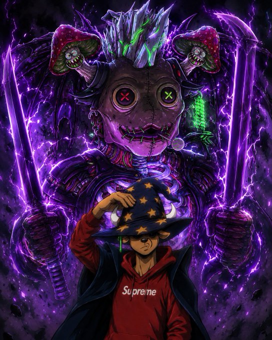 An anime-style illustration of a young wizard wearing a Supreme hoodie and star-patterned wizard hat, standing before a menacing purple zombie-like creature with glowing green and purple energy.