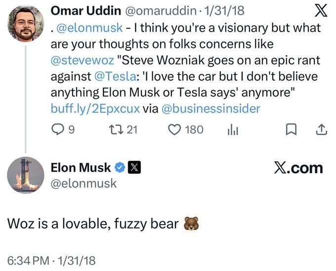 A screenshot of tweets shows Omar Uddin (@omaruddin) asking Elon Musk about Steve Wozniak's criticism of Tesla, to which Elon Musk replies 'Woz is a lovable, fuzzy bear 🐻' on 1/31/18.