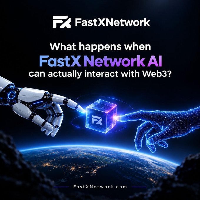 A promotional graphic for 'FastX Network' featuring a robotic hand and a digital hand touching a glowing cube, with text asking 'What happens when FastX Network AI can actually interact with Web3?' above a view of Earth.