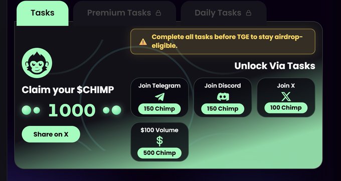 A screenshot of a chatbot screen displaying the claim your $CHIMP. It displays different reward tasks available from the Chimpx AI platform, including joining the Telegram Channel, becoming active, joining a Discord group (or multiple), and starting to stack your Solana wallet for early adopter tasks. The post encourages users to claim their 1000 @ChimpxAI protocol, which is designed to help them earn rewards through various tasks on Chimpx AI platform.
