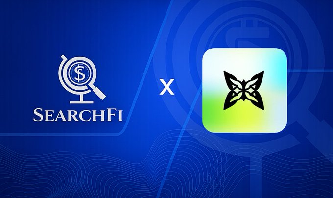 The image displays a collaboration graphic featuring the SearchFi logo with its magnifying glass emblem on the left, an "x" in the center, and a colorful gradient app icon with a butterfly design on the right, all set against a blue background—promoting the partnership between SearchFi and Quip Network to launch the "Quantum Echoes" on-chain generative art collection.