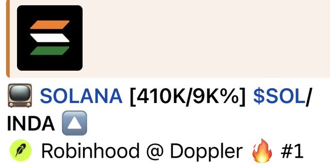 The image shows a social media post pairing Solana's logo and ticker ($SOL) with the text "Robinhood @ Doppler 🔥 #1," referencing the inclusion of Solana in an Indian ETF, as humorously criticized in the accompanying caption about the brutal ticker combination.